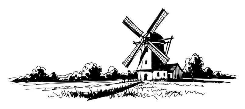 traditional dutch windmill in rural landscape vector shape silhouette