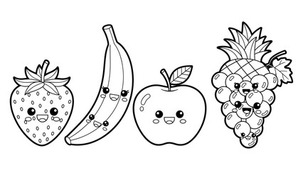 Cute black and white fruit characters with smiling faces