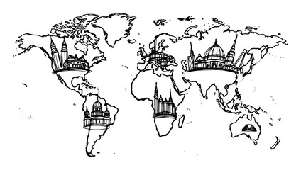 world map famous landmarks sketch vector