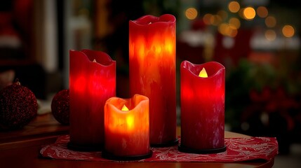 Four red, glowing pillar candles sit on a table with a holiday theme