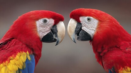 Close-up of two vibrant scarlet macaws facing each other, showcasing their striking plumage