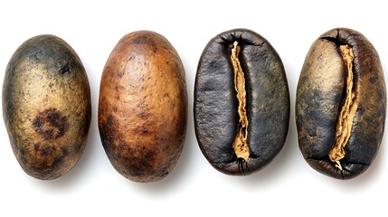 Four roasted coffee beans, showing stages from light to dark, against a white background