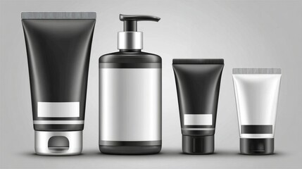 Four sleek, unlabeled cosmetic or hygiene product containers, in shades of black and silver