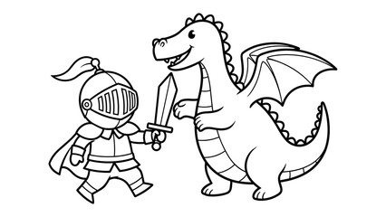 Fototapeta premium Playful medieval adventure with knight and dragon in black and white