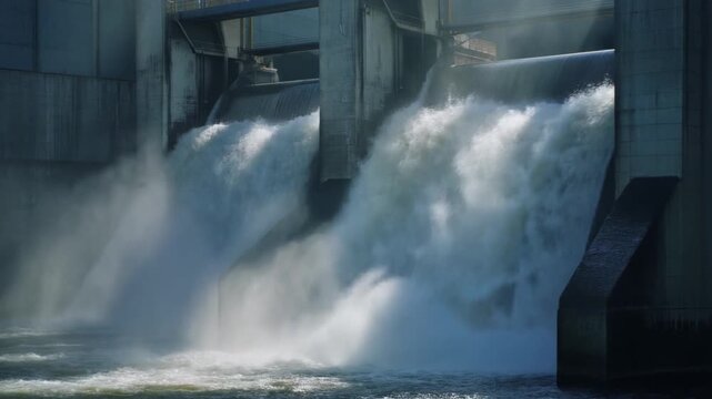 Powerful Water Flowing Through Spillways of a Large Hydroelectric Dam waterfall