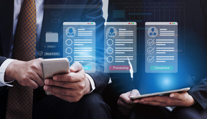 Digital interface displaying project tasks under Work Items, Processing, and Completed categories with Gantt chart timeline visualization Parse