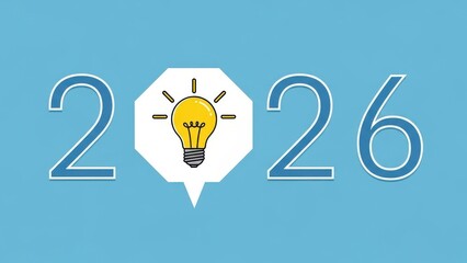 Creative 2026 design featuring a bright yellow light bulb icon inside a speech bubble symbolizing innovation and new ideas for the coming year