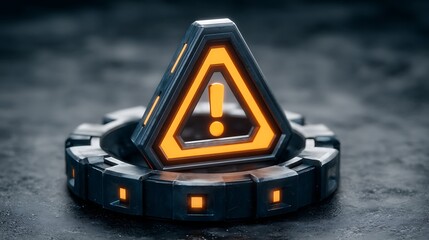 Illuminated orange exclamation point in a dark triangle, resting on a metallic circular base
