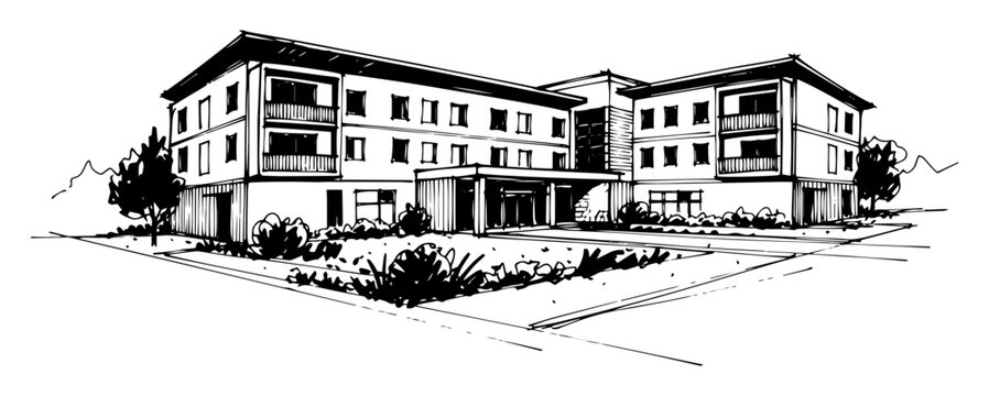modern senior living facility building sketch vector