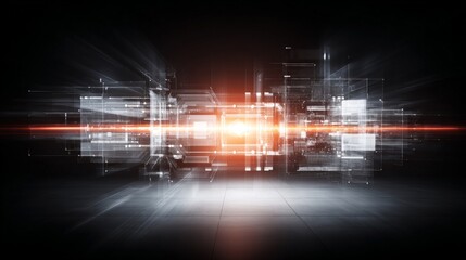 Futuristic digital cityscape with luminous orange core, sharp lines, and gray accents on black