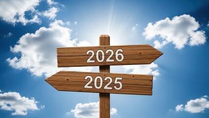 Wooden signpost showing directional arrows for 2025 and 2026 against a bright blue sky with sunlight and clouds symbolizing a new year transition
