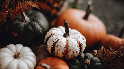 Close-up of various sized pumpkins in autumnal colors. Natural lighting illuminates