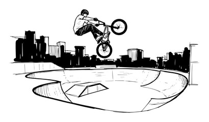 Fototapeta premium bmx rider performing trick in skatepark sketch vector