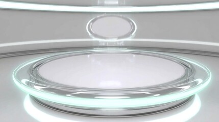 Futuristic, minimalist interior design with a circular, glowing platform and bright lights