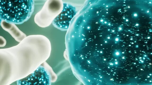 Microscopic view of glowing blue bacteria and rodshaped cells