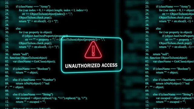 Red Exclamation Mark Warning Symbol unauthorized access Neon Sign on cyan Digital Code Background with Glitch Effect