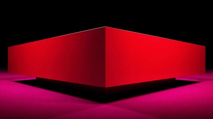 Geometric form, red, on a black background and pink reflecting surface