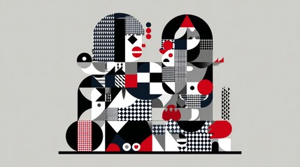 Geometric illustration featuring stylized human figures, composed of black, white, and red shapes, on gray