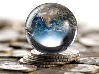 Glass globe featuring Earth imagery atop a stack of coins, set against a blurry coin background