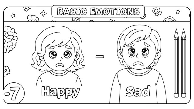 Basic emotions: happy and sad expression coloring page for kids