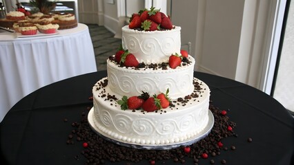 Elegant three tier white cake topped with fresh strawberries for celebration