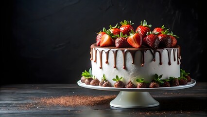 Stunning vanilla cake with rich chocolate drip and fresh strawberries