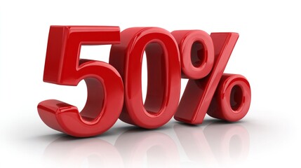 Glossy, 3D rendered red numerals forming the percentage symbol 50% on a white backdrop