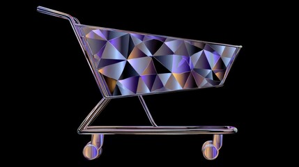 Glossy, prism-like shopping cart isolated against a black backdrop