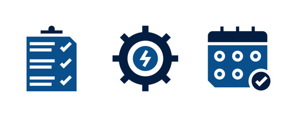 Pack de iconos de productividad diaria. Lista de tareas aprobada, engranaje con rayo, calendario con vistos de aprobación. Diseño vectorial