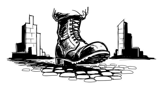 giant military boot crushing city street oppression concept vector