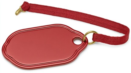 Glossy red luggage tag, with rounded edges, attached to a red strap and brass hardware