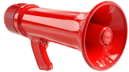Glossy, red megaphone in a three-quarter view, isolated against a white background