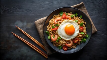 Delicious shrimp noodles with fried egg ready to enjoy at dinner time