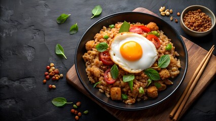 Delicious fried rice with egg, tomatoes, and basil for healthy eaters