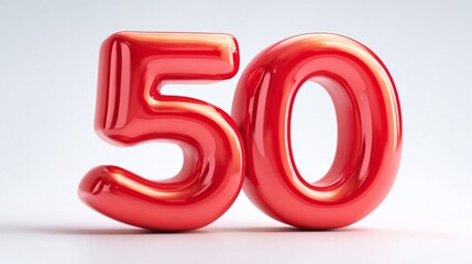 Glossy, red numeral "50" rendered in 3D, isolated against a simple, light gray background