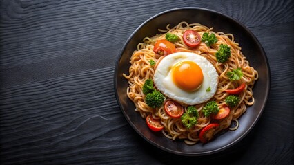 Delicious noodle bowl with fried egg and fresh vegetables ready to eat
