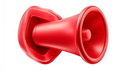 Glossy rendered red megaphone icon on a white background, suggesting announcement or communication