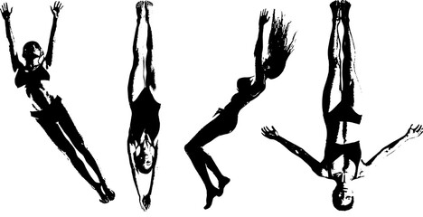 Falling Women Silhouette Set, High-Contrast Retro Xerography Dramatic Motion Figures on Transparent Background