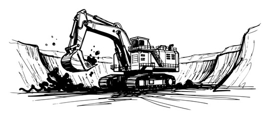 hydraulic excavator digging open pit earth vector shape silhouette