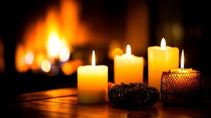 Glowing candles and a decorative ornament in front of a warm fireplace