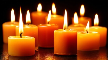 Glowing candles, flames flickering against a stark black backdrop. Soft light, romantic, celebrating a moment