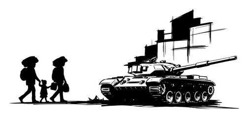 refugees walking past tank in war torn city vector silhouette