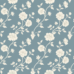 flower botanical seamless pattern peony and rose motifs on blue