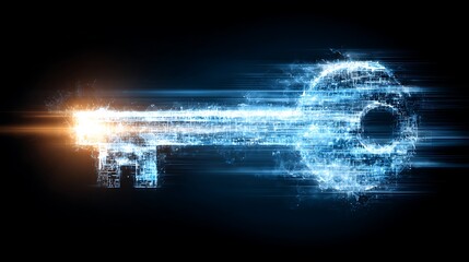 Glowing digital key, abstract design with particles, energy, and light effects against a dark background