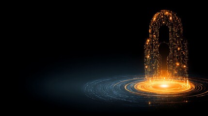 Glowing digital padlock floating in a circular aura against a dark background, representing security