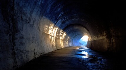 Obraz premium A tunnel shows light entering from an opening at the far end. Water gathers on the ground. The walls are rough and dark leading to bright illumination outside.