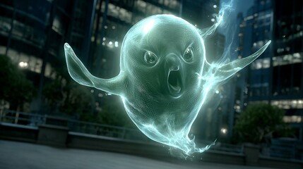 Glowing ethereal creature with angry expression, floating in urban environment, city backdrop