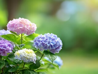 Fototapeta premium Close-up of vibrant hydrangea blooms in various colors set against a blurred green backdrop