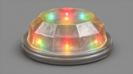 Glowing faceted object with internal lights, displayed on gray surface