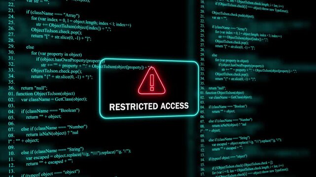 Red Exclamation Mark Warning Symbol restricted access Neon Sign on cyan Digital Code Background with Glitch Effect